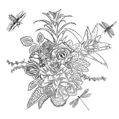 Fototapeta premium Exotic bouquet set with insects and bugs flying. Flowers. Floral collection with various plants. Sansevieria, snake plant, Red ginger, ostrich plume, pink cone, daisy, roses. Hand drawn. Vector.