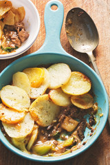 Peppercorn beef hotpot. Beef and roasted onions in peppercorn sauce topped with sliced potatoes