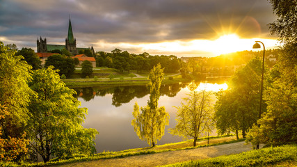 View of the Cathedral in Trondheim at sunrise. Norway
