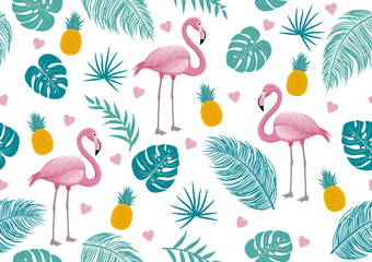 Summer seamless pattern of flamingo and tropical leaves vector illustration - obrazy, fototapety, plakaty