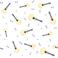 Vector Illustration. Guitar seamless pattern with notes in flat style. Background