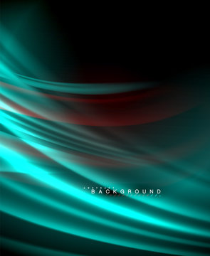 Neon glowing wave, magic energy and light motion background. Vector wallpaper template