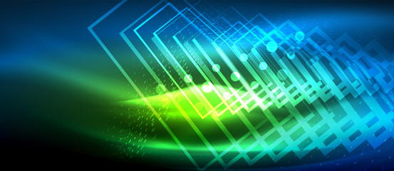 Neon glowing wave, magic energy and light motion background. Wallpaper template, hi-tech future concept