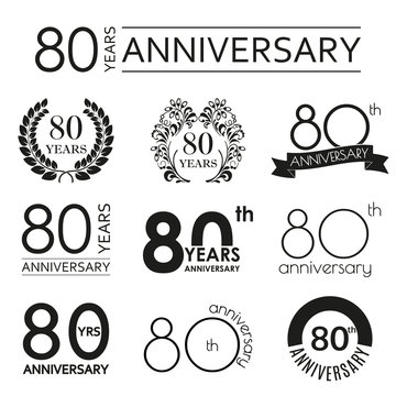 80 years anniversary icon set. 80th anniversary celebration logo. Design elements for birthday, invitation, wedding jubilee. Vector illustration.