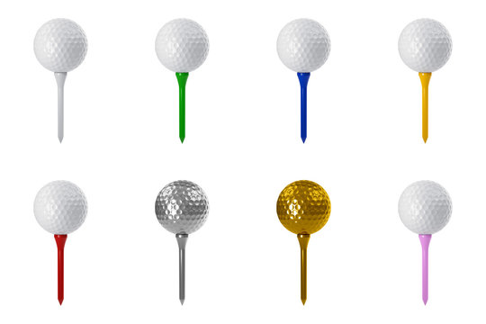 3D Rendering Set Of Golf Ball On Tee Isolated On White