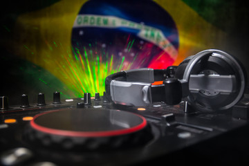 Soccer 2018 club party concept. Close up view of dj deck with selective focus. Useful as club...