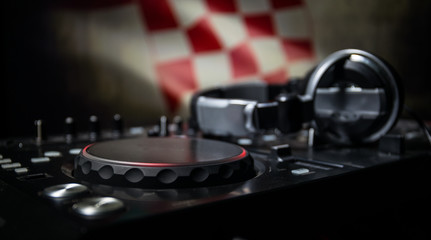 Obraz na płótnie Canvas Soccer 2018 club party concept. Close up view of dj deck with selective focus. Useful as club poster.