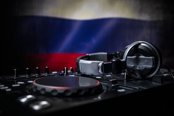 Soccer 2018 club party concept. Close up view of dj deck with selective focus. Useful as club poster.
