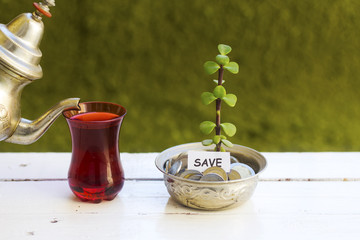 plant growing out of algeria coins in silver bowl ,money saving  and drinking an arabic tea