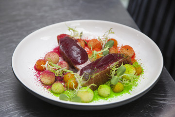 Duck from a fillet on a serving table