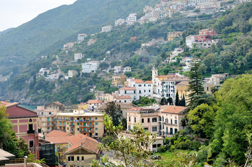Fototapeta na wymiar Panoramic view of Vietri sul Mare, the first town on the Amalfi Coast, with the Gulf of Salerno, province of Salerno, Campania, southern Italy