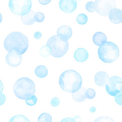 Watercolor texture. Aquarelle circles in pastel colors. Seamless pattern. Watercolor blue and golden spots isolated on white background.