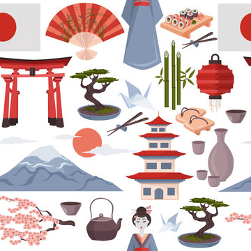 Japanese symbols seamless pattern. Vector iluustration on white background.  Colorful icons of Japan culture tiled backdrop. Geisha, Fujiyama, Torii etc.