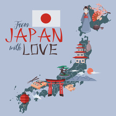 I love Japan poster. Japanese map with colorful symbols of Japan culture vector illustration. Geisha, Fujiyama, Japanese temple etc.