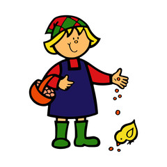 Little girl feed chicken