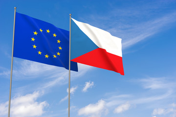 European Union and Czech Republic flags over blue sky background.