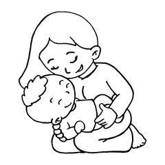 Mother love her baby cartoon illustration isolated on white background for children color book