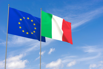 European Union and Italy flags over blue sky background.