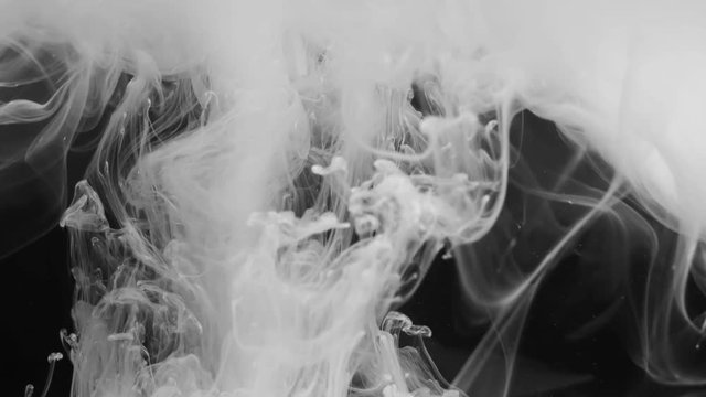 Abstraction of white smoke on a black background. Whimsical forms of white color when mixing liquid. Magic background for chemistry, fortune telling, mysticism, biology. Black and white abstraction.