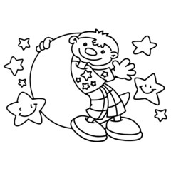 Little boy on the moon at night cartoon illustration isolated on white background for children color book