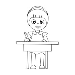 Girl learn on the table cartoon illustration isolated on white background for children color book