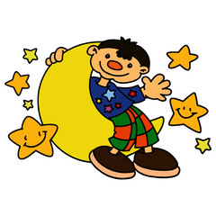 Little boy on the moon at night cartoon illustration isolated on white background for children color book