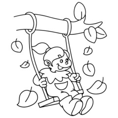 Girl play under the tree cartoon illustration isolated on white background for children color book