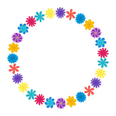 Wreath of wild flowers with leaves. A floral round frame with a place for your text. Suitable for greeting cards, wedding invitations, promotional leaflets