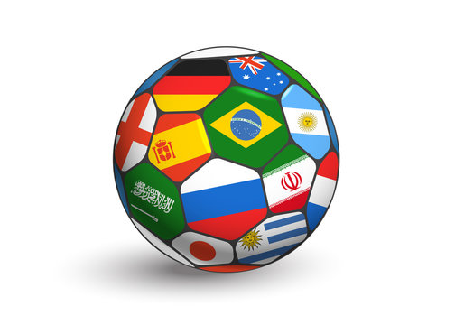 Soccer ball with flags of different countries. Object isolated on white, The game of the world concept