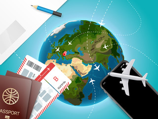 Naklejka premium Adventure time vector illustration with the Earth. Vacation concept with accessories