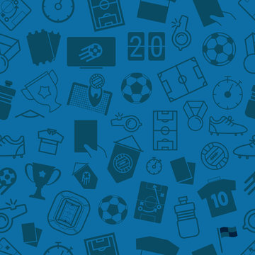 Different soccer objects blue seamless vector background