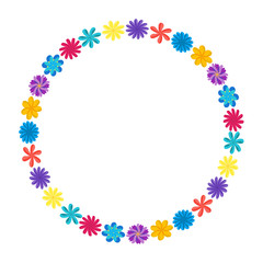 Wreath of wild flowers with leaves. A floral round frame with a place for your text. Suitable for greeting cards, wedding invitations, promotional leaflets