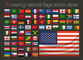 70 waving national flags vector clipart. Layered illustration
