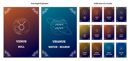 Astrological planets and corresponding zodiac sign symbols with labels. Illustrated vector horoscope cards collection. Esoteric universe astrology system science.
