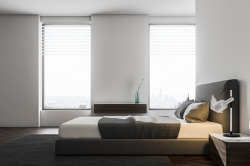 Luxury white bedroom interior, side view