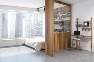 Wooden wall loft home office interior, bedroom