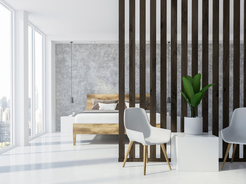Luxury gray and wooden bedroom interior