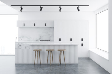 White loft kitchen interior with a bar