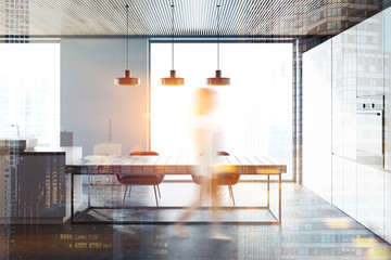 Side view gray panoramic kitchen dining room blur