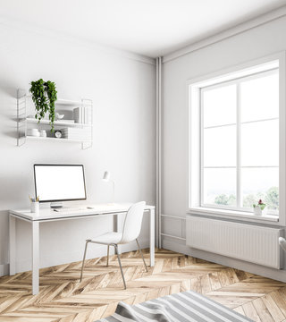 Simple white home office corner, white screen