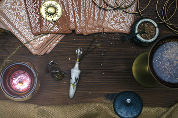 Tarot cards on fortune teller table. Divination. Witchcraft.