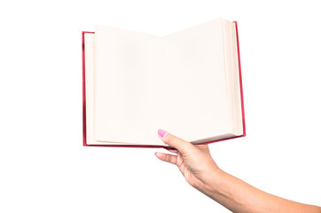 Obraz premium Open book with empty pages in female hand isolated on white.