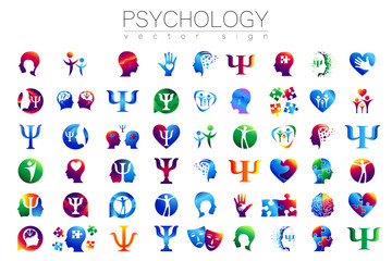 Modern head sign Set of Psychology. Profile Human. Creative style. Symbol in vector. Design concept. Brand company. Green orange blue violet color isolated on white background. Icon for web, print - 212261116