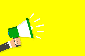 Flat design business illustration concept Digital marketing business megaphone for website and promotion banners. Cartoon human hand holding empty social media copy space text.