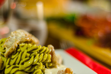 tasty dish with pasta, meat and sauce, Italian dish, fast and simple dish