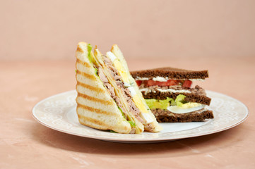 On the plate are two triangular-shaped sandwiches. One sandwich of white bread, the other of dark. Filling of tuna sandwiches, hard boiled eggs and vegetables. Light background. Close-up.