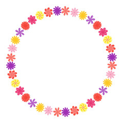 Wreath of wild flowers with leaves. A floral round frame with a place for your text. Suitable for greeting cards, wedding invitations, promotional leaflets