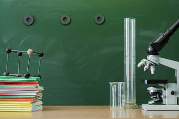 Teacher, student, biologist or chemist desk table. Education background with copy space. Education...