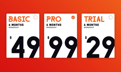 Web pricing table design for business. Hosting table banner.  Modern gradient style. Design element for website and mobile app, UI UX. Vector illustration