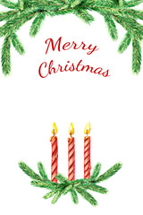 Christmas card with fir branches and candles. Watercolor illustration for Christmas with space for text.